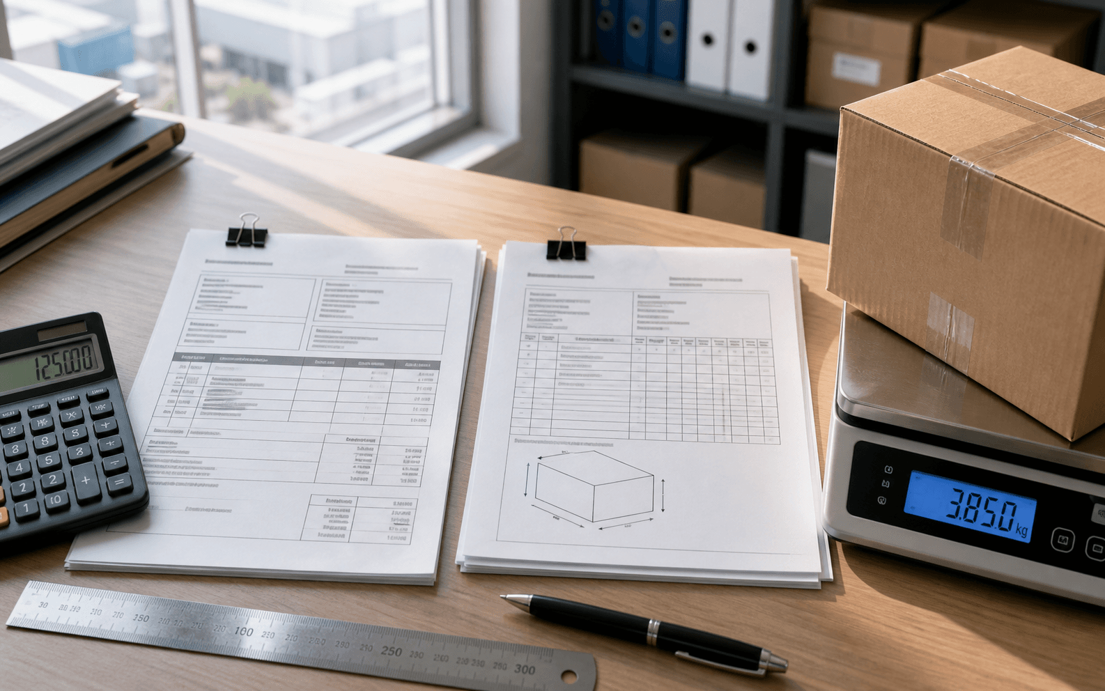 Commercial invoice and packing list being checked beside a carton and scale