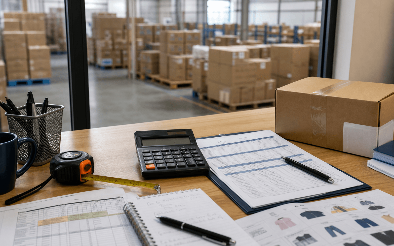 Calculator, cost worksheets, measuring tape, and carton in a consolidation warehouse office