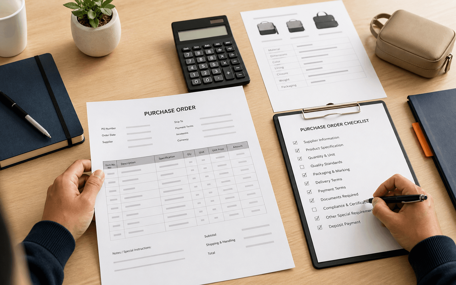 Buyer reviewing a purchase order and supplier deposit checklist at a desk
