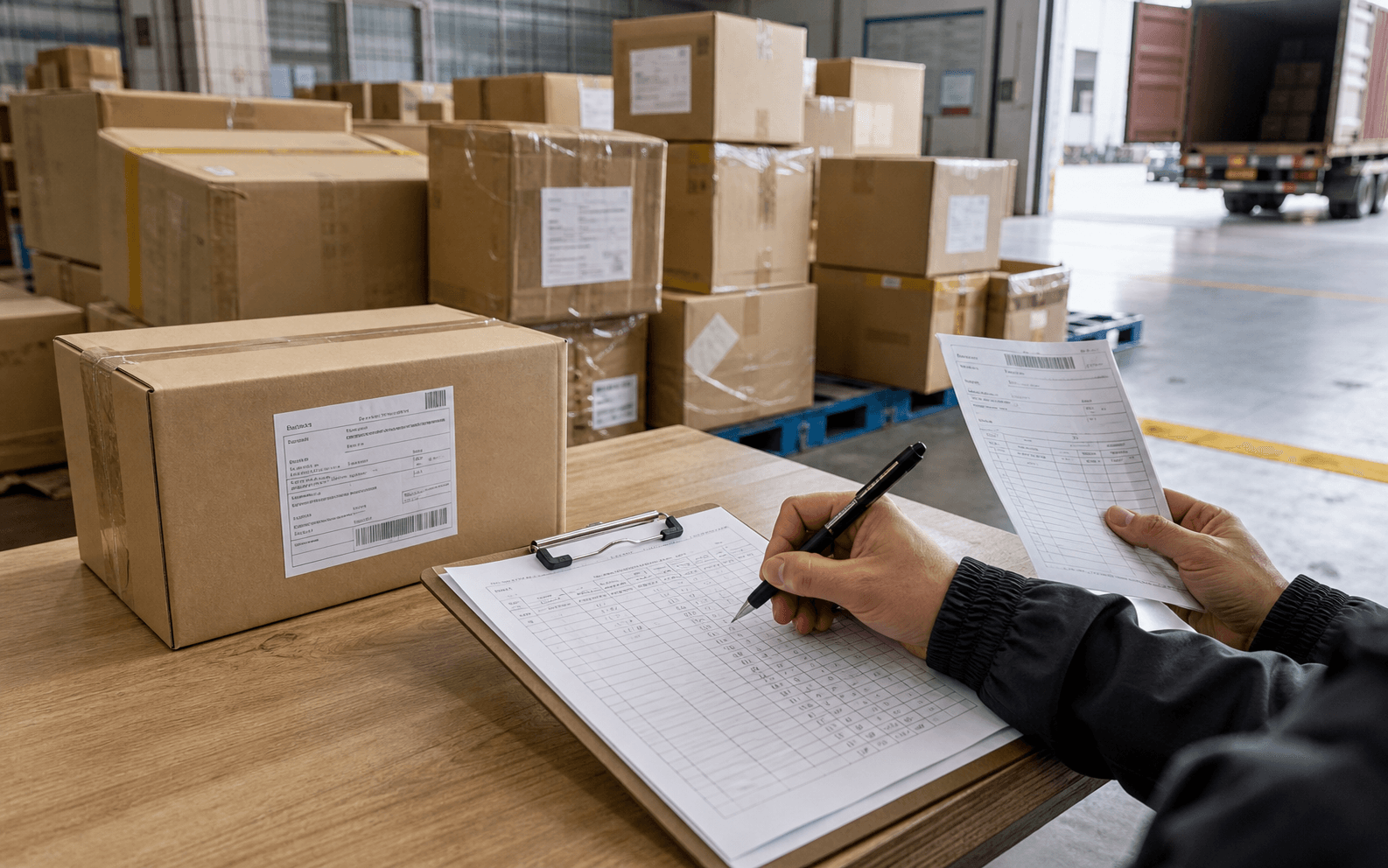 Warehouse operator checking carton labels and an intake record