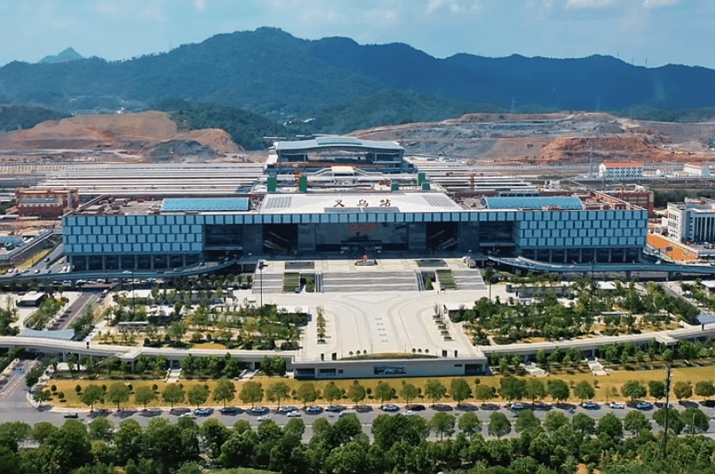 Aerial front view of Yiwu Railway Station and its entrance plaza